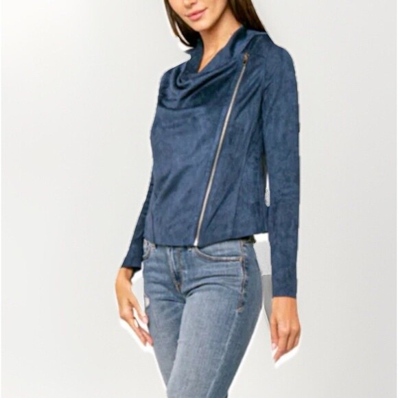 BLANKNYC Navy Drape Front Suede Asym Jacket Academia Money Architectural Capsule - Picture 8 of 11